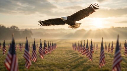 Bald Eagle Soaring Above American Flags at Sunrise