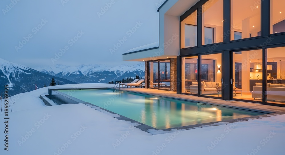 Fototapeta premium Luxury mountain retreat modern home with infinity pool in snowy landscape