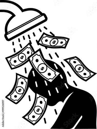 Money falling like rain on a person's head a symbolic illustration