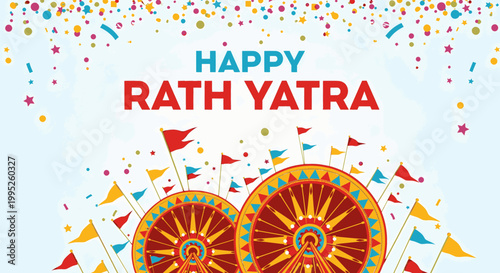 Colorful Rath Yatra celebration banner with chariot wheels and confetti