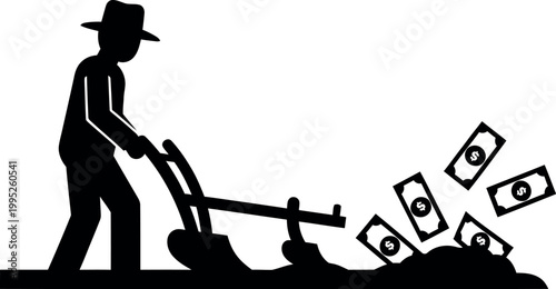 Farmer plowing field with money growing as crops symbolic illustration