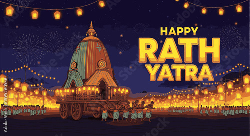 Decorative illustration of chariot festival with fireworks and lanterns
