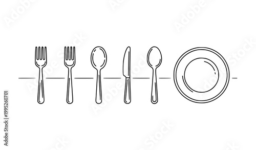 Outline tableware icons set with fork knife spoon and plate in clean linear style for menu and UI design