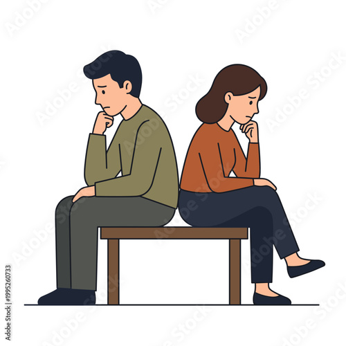 Couple turning away from each other - Sad man and woman sitting back to back on a bench, illustrating a love problem concept and relationship communication breakdown