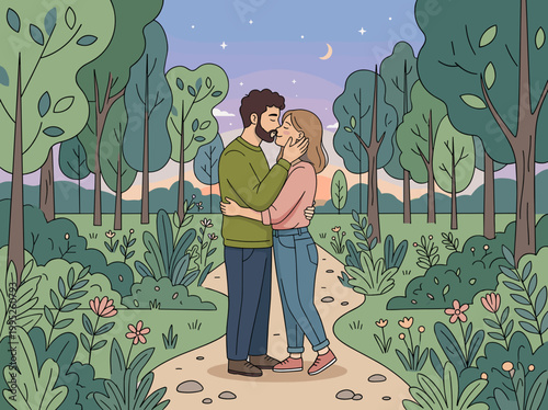 First kiss with eyes closed - Young couple kissing and embracing intimately in a peaceful park under a starry evening sky for romantic love concept and affectionate connection