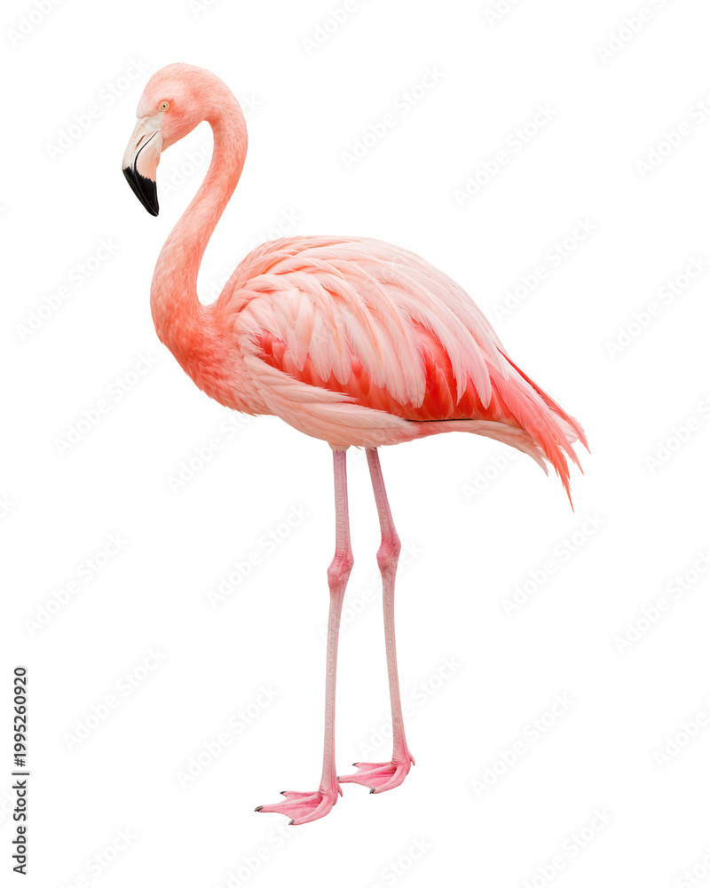 Fototapeta premium Elegant pink flamingo standing gracefully on a clean white background, showcasing beauty, balance, and tropical charm.