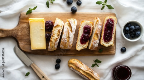 Fresh Baked Bread and Cheese on Wooden Board with Berries
