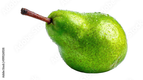 A fresh green pear covered in water droplets isolated on transparent background