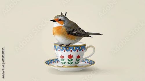 Whimsical bird with orange chest perching on a patterned teacup and saucer on a light background