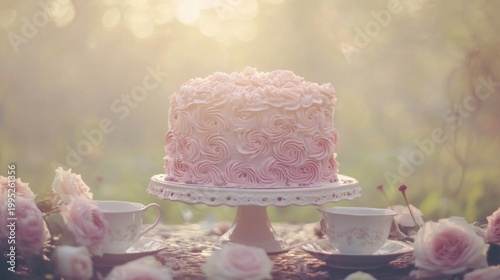 Elegant Pink Rose Cake with Tea Cups and Flowers