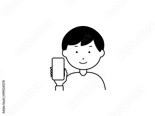 色あり　スマホの画面をこちらに見せる男性