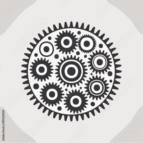 black and white gear illustration with cogs and mechanical components
