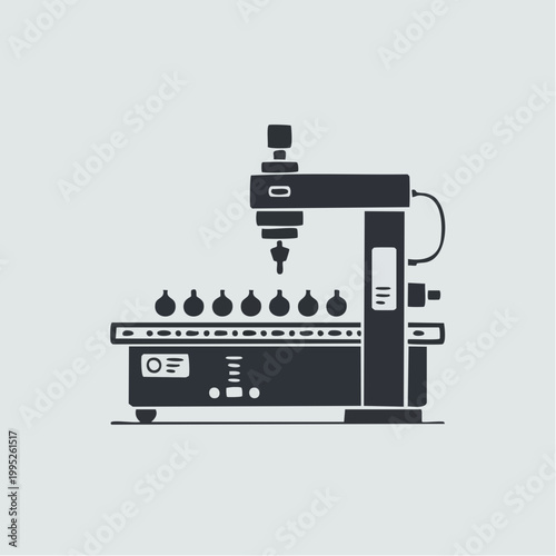 Industrial robotic arm machine illustration with conveyor belt and dri