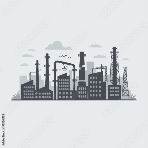 Industrial cityscape silhouette with factory buildings and smokestacks