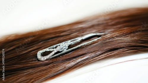 Elegant Hairpin Adorning Silky Brown Hair on Soft Background