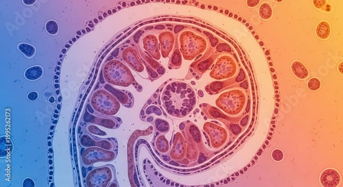 Intricate cellular architecture revealed under powerful magnification with vivid gradient