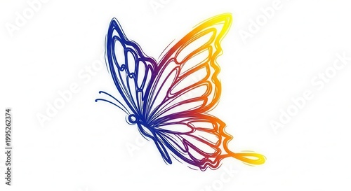 Vibrant brushstroke butterfly sketch with gradient colors on pristine white background artwork
