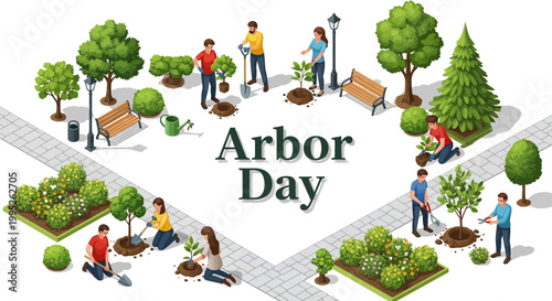 Isometric vector illustration of diverse people participating in an Arbor Day tree planting activity, set against a stylized park landscape, showcasing environmental conservation