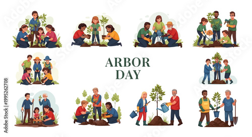 A diverse group of people are depicted planting trees together in various scenes in this vector illustration for Arbor Day, showcasing environmental conservation and reforestation efforts