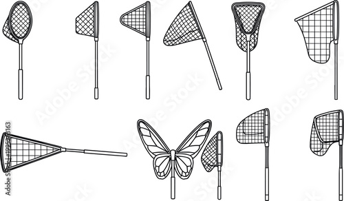 Hand drawn butterfly and fishing nets set with different shapes in clean outline monochrome vector illustration collection