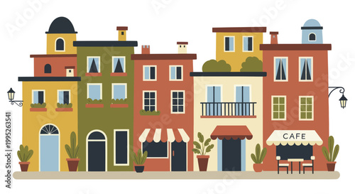 Charming European City Street with Colorful Buildings and Cafe.