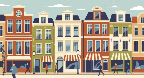 Charming European City Street with Historic Architecture and Shops.