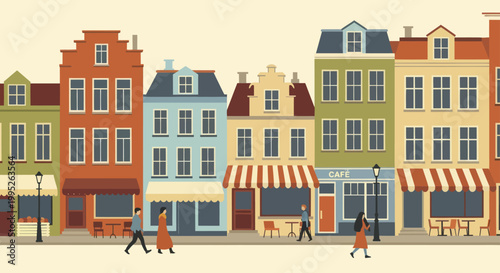 Charming European City Street with Historic Buildings and Pedestrians.