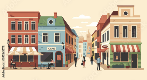 Charming European City Street with Historic Buildings and Pedestrians.