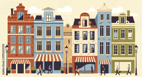 Charming European City Street with Historic Buildings and Pedestrians.