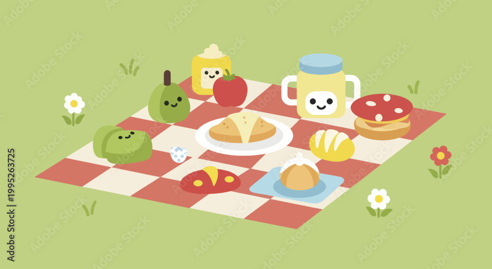 Obraz premium Charming Picnic Spread with Adorable Food and Drink Characters.
