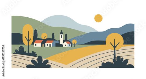 Charming European Village Nestled in Rolling Hills with Farmland and Trees.