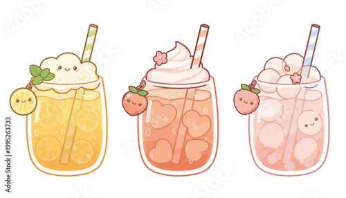 Cute Kawaii Fruit Drinks Vector Illustration