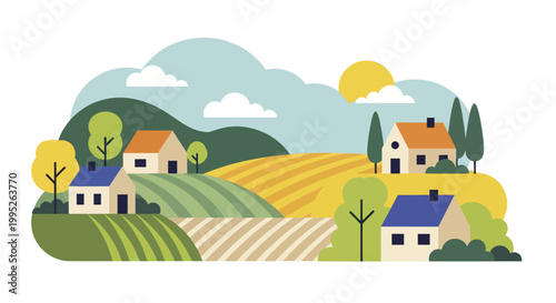 Charming rural village landscape with houses, trees, and fields under a sunny sky.