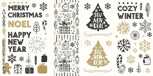 Festive holiday patterns with christmas trees snowflakes and gifts