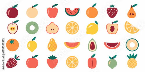 Colorful assortment of stylized fruit slices and whole fruits displayed
