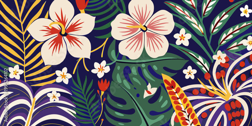 Vibrant tropical flowers and lush foliage in a bold artistic style