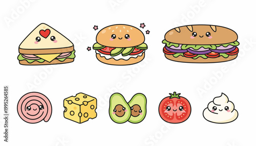 Cute Kawaii Sandwich and Ingredients Vector Illustration