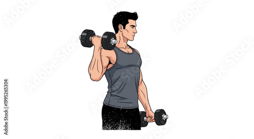 Man lifting dumbbells, bicep curl exercise, fitness illustration