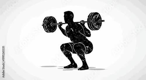 Man performing a barbell squat, silhouette, grunge style