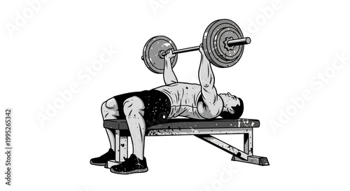 Man performing bench press exercise with barbell on weight bench