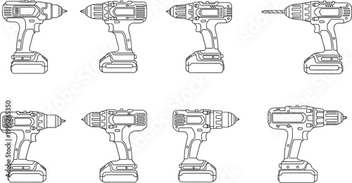 Hand drawn cordless drill tools set with electric screwdrivers in detailed outline monochrome vector illustration collection for construction design