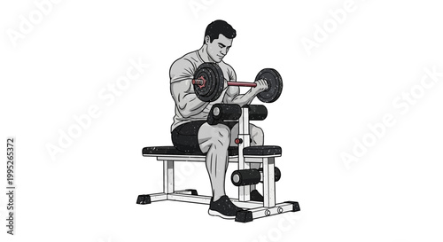Man performing preacher curls with barbell for bicep workout