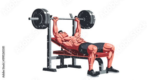 Man performs bench press exercise with barbell on weight bench