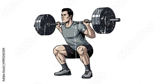Man squatting with barbell, fitness illustration