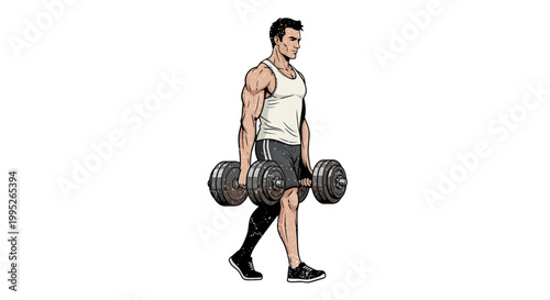 Man walking with heavy dumbbells, fitness workout, strength training