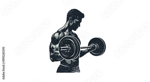Muscular man lifting barbell for bicep curl, fitness illustration