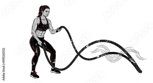 Woman exercising with battle ropes, fitness training, strength workout