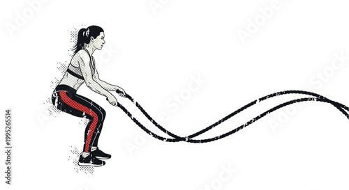 Woman exercising with battle ropes, fitness and strength training