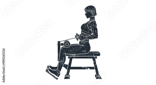 Woman exercising with rowing machine, fitness silhouette, gym workout