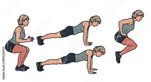 Woman performing burpee exercise sequence, fitness illustration